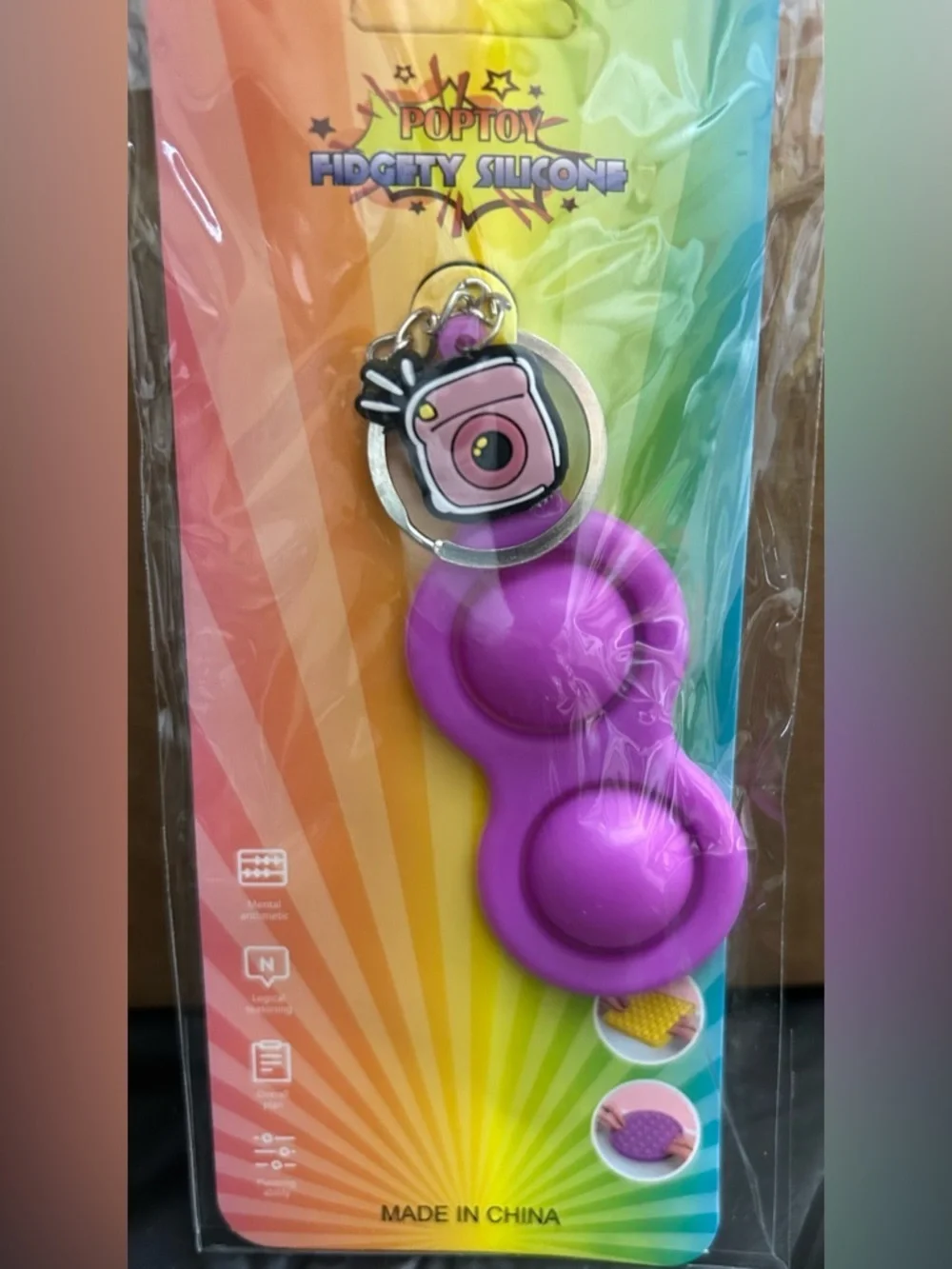 Purple Silicone Pop Fidget Keychain with Camera Charm